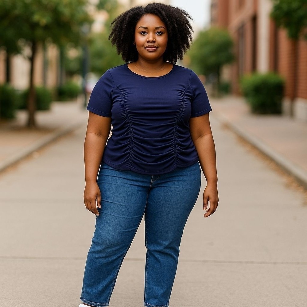 SHEIN Curve Ruched Front Top Women 1XL Navy Blue Ribbed Short Sleeve Crew Neck